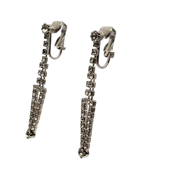 Vintage Dangle Rhinestone Earrings Clip On Clear Glass Silver Tone Drop MCM - Picture 3 of 6